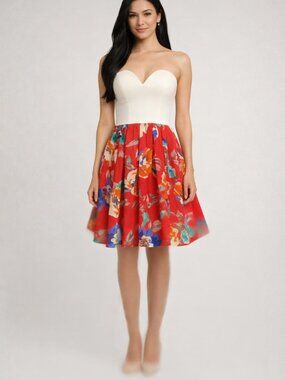 Sweetheart neckline floral mini fit and flare